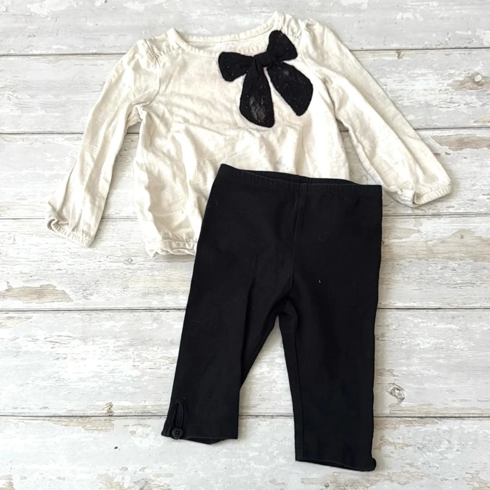 Oshkosh 18m Girls Outfit Black Leggings Cream Long Sleeve Bow Shirt Baby Toddler
